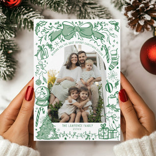 Hand Drawn Scribble Bow Green Arch Photo Christmas Holiday Card