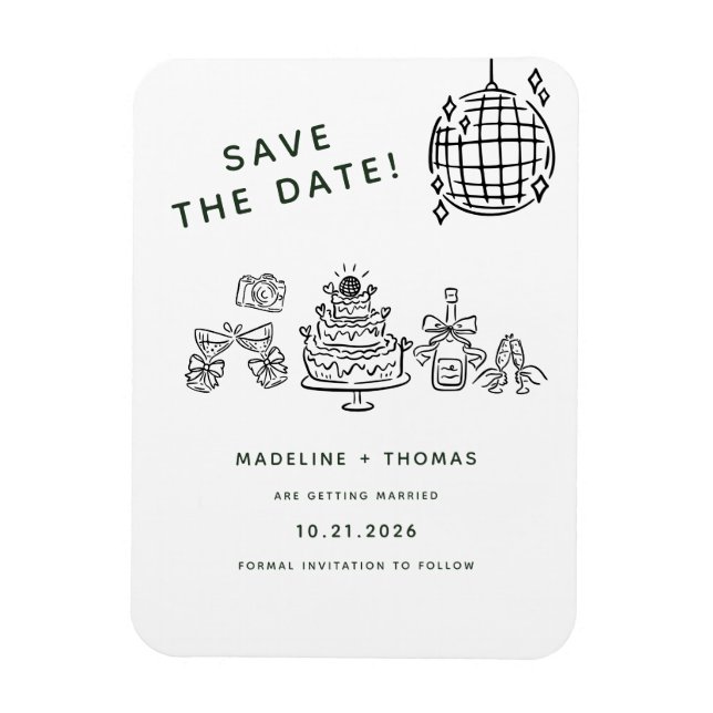 Hand Drawn Scribble Disco Wedding Save The Date Magnet (Vertical)