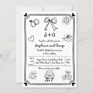  Hand drawn scribble doodle whimsical wedding Invitation