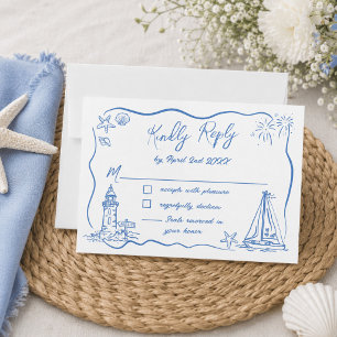 Hand Drawn Scribble Doodles Beach Coastal Wedding RSVP Card