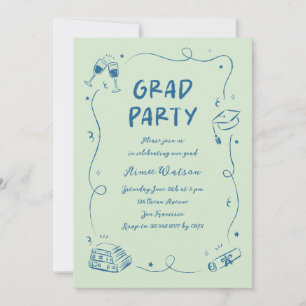 Hand-Drawn Scribble Doodles Graduation Party Green Invitation