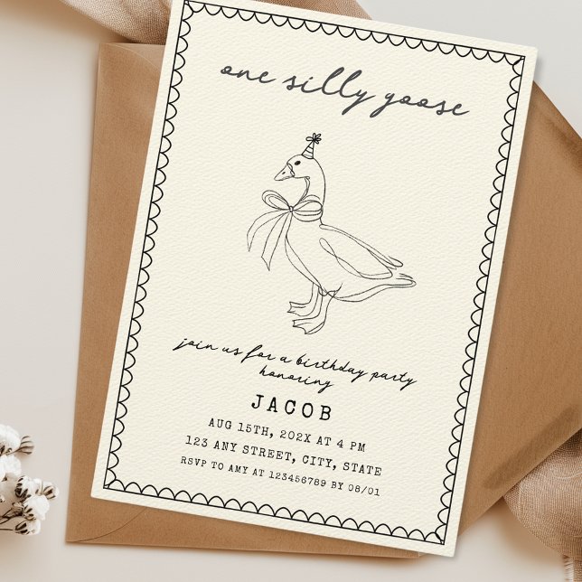 Hand Drawn Scribble One Silly Goose Birthday Invitation (One Silly Goose Hand Illustrated 1st Birthday Invitation Quirky Unique Aesthetic Boy Girl)