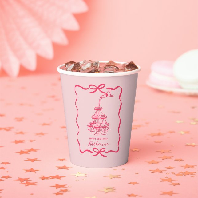 Hand Drawn Scribble Pink Champagne Tower Birthday  Paper Cups (Insitu)