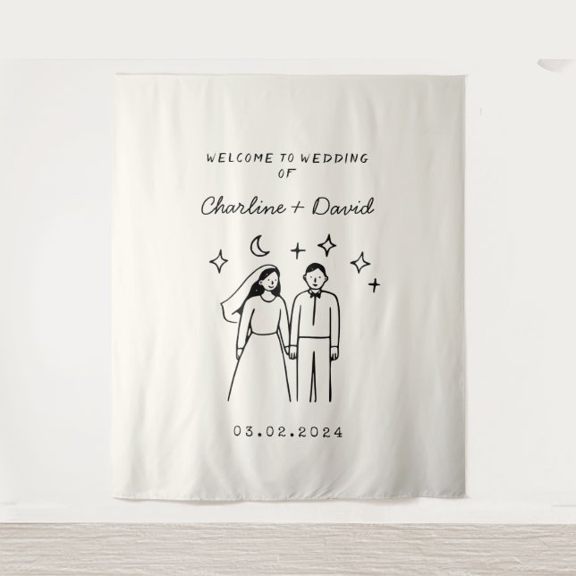 Hand Drawn Scribble Wedding Welcome Tapestry (Front)