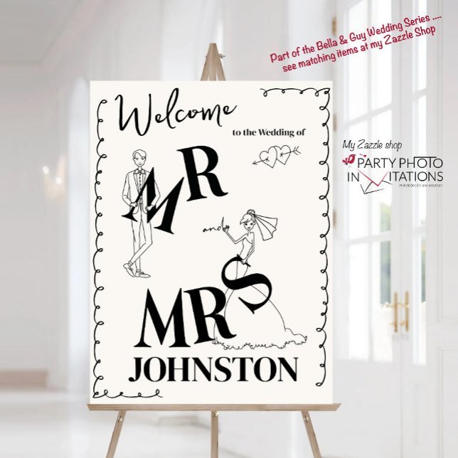 Hand drawn, scribble Welcome Wedding Sign (Bella & Guy hand drawn scribble Welcome Sign)