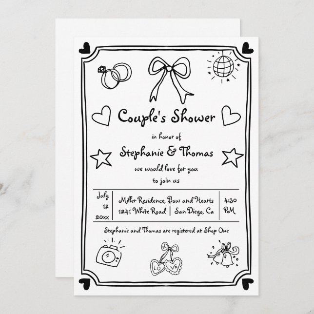  Hand drawn scribble whimsical couple's shower Invitation (Front/Back)