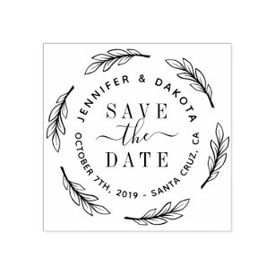Hand Drawn Script & Botanical Wreath Save The Date Rubber Stamp
