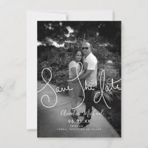 Hand Drawn Script Save the Date Black White Photo Card