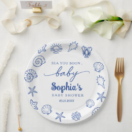Hand drawn sea you soon, under the sea baby shower paper plate