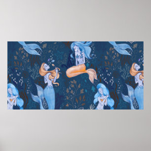 Hand-drawn seamless pattern of beautiful mermaid c poster