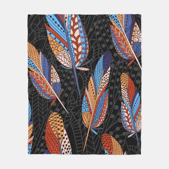 Hand drawn seamless pattern with feathers. Colorfu Fleece Blanket (Front)