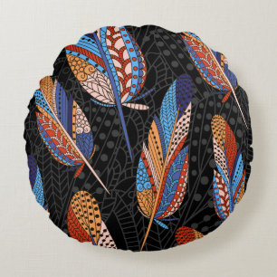 Hand drawn seamless pattern with feathers. Colorfu Round Cushion