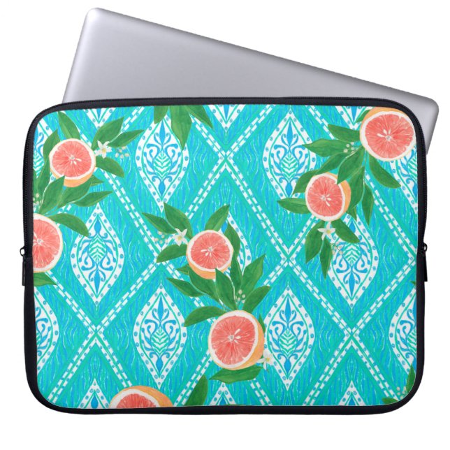 Hand drawn seamless pattern with grapefruit leaves laptop sleeve (Front)