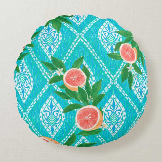 Hand drawn seamless pattern with grapefruit leaves round cushion (Front)
