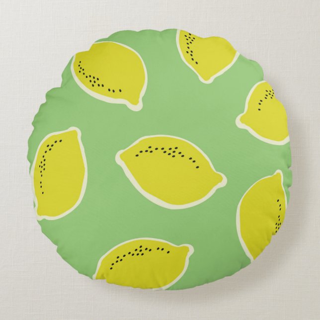 Hand drawn seamless pattern with lemons in yellow, round cushion (Front)