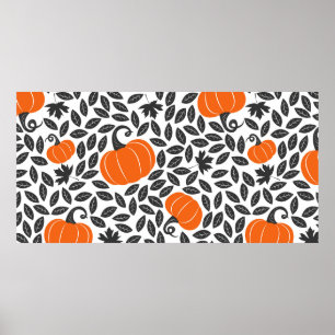 Hand drawn seamless pattern with pumpkins and leav poster