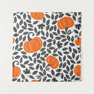Hand drawn seamless pattern with pumpkins and leav tapestry