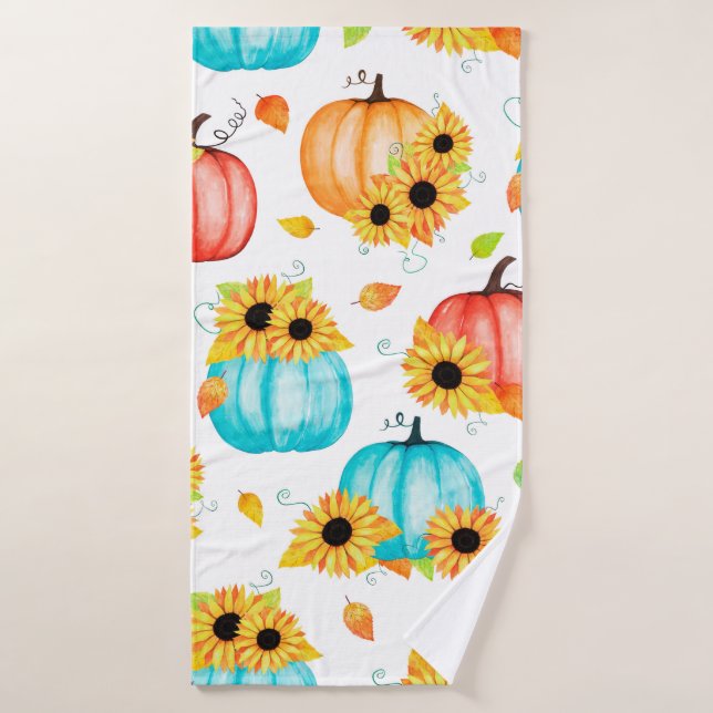 Hand drawn seamless pattern with sunflowers pumpki bath towel (Bath Towel)