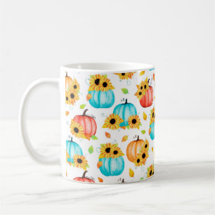 Hand drawn seamless pattern with sunflowers pumpki coffee mug