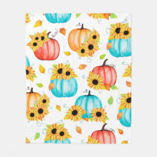 Hand drawn seamless pattern with sunflowers pumpki fleece blanket