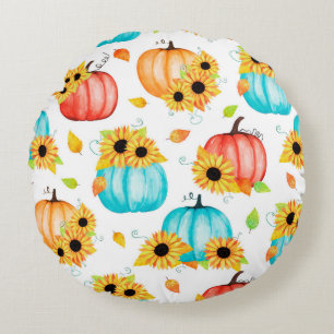 Hand drawn seamless pattern with sunflowers pumpki round cushion