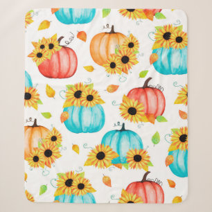 Hand drawn seamless pattern with sunflowers pumpki sherpa blanket