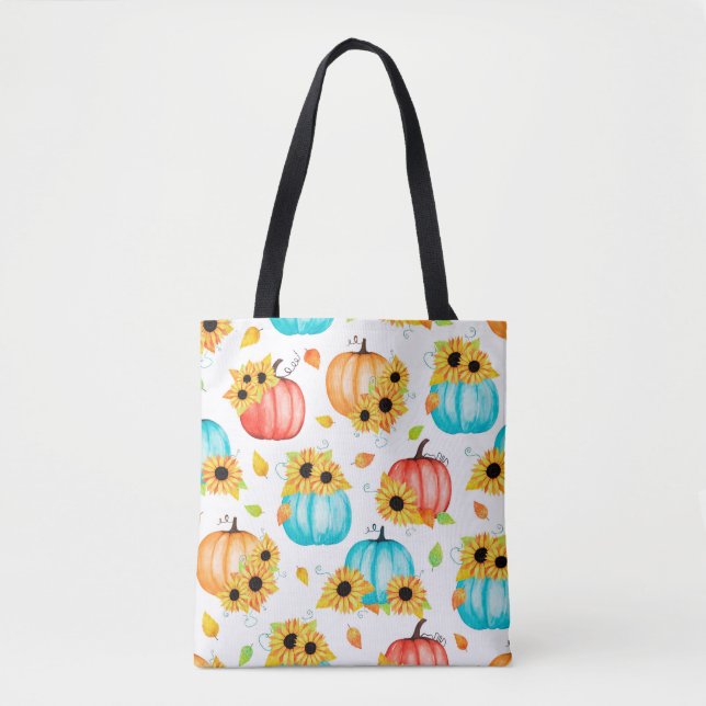Hand drawn seamless pattern with sunflowers pumpki tote bag (Front)