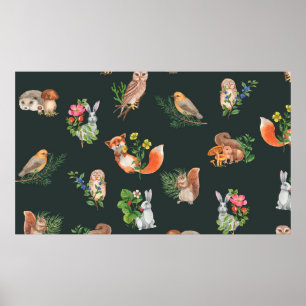 Hand drawn seamless pattern with watercolor forest poster