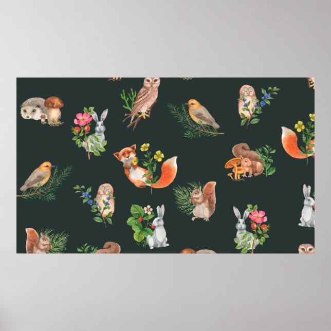 Hand drawn seamless pattern with watercolor forest poster (Front)