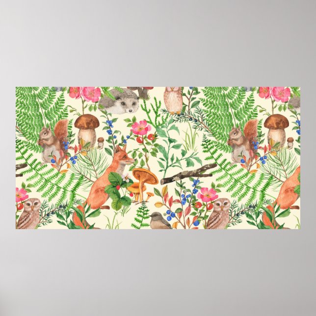 Hand drawn seamless pattern with watercolor forest poster (Front)