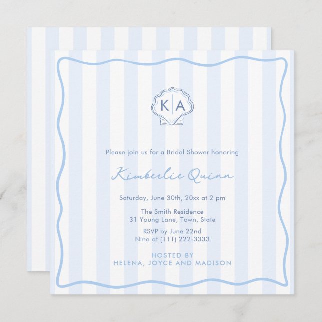 Hand-Drawn Seashell Monogram Coastal Bridal Shower Invitation (Front/Back)