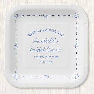 Hand Drawn Seashells & Wedding Bells Bridal Shower Paper Plate