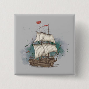 Hand Drawn Ship In Bow Wave On Splash Background 15 Cm Square Badge