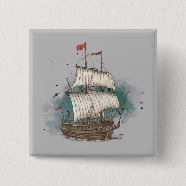 Hand Drawn Ship In Bow Wave On Splash Background   15 Cm Square Badge (Front)