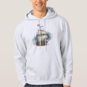 Hand Drawn Ship In Bow Wave On Splash Background Hoodie