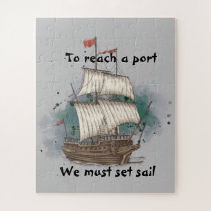 Hand Drawn Ship In Bow Wave On Splash Background Jigsaw Puzzle
