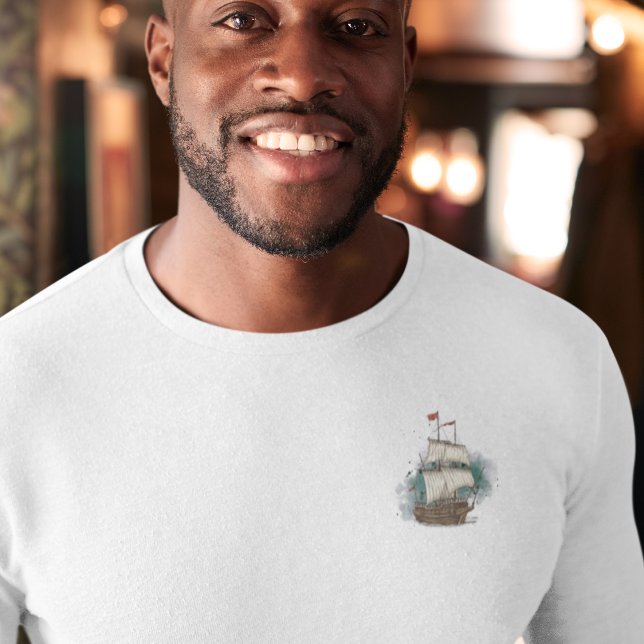 Hand Drawn Ship In Bow Wave On Splash Background T-Shirt (Hand Drawn Ship In Bow Wave On Splash Background T-Shirt)