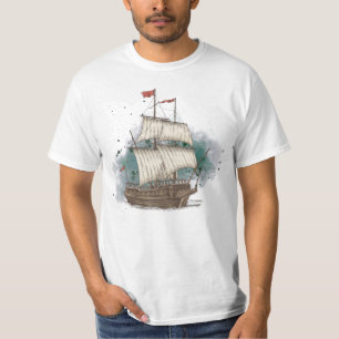 Hand Drawn Ship In Bow Wave On Splash Background   T-Shirt