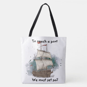 Hand Drawn Ship In Bow Wave On Splash Background Tote Bag
