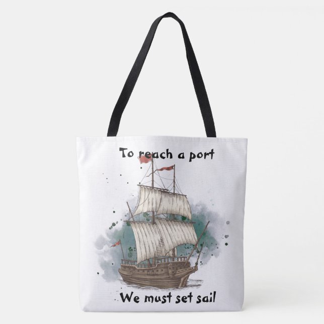 Hand Drawn Ship In Bow Wave On Splash Background Tote Bag (Front)