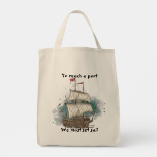 Hand Drawn Ship In Bow Wave On Splash Background Tote Bag