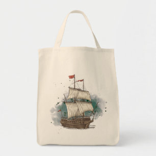 Hand Drawn Ship In Bow Wave On Splash Background Tote Bag