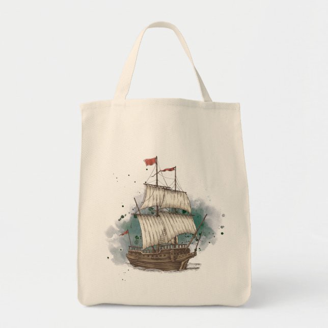Hand Drawn Ship In Bow Wave On Splash Background   Tote Bag (Front)