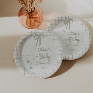 Hand Drawn Silly Goose Neutral Ribbon Baby Shower Paper Plate