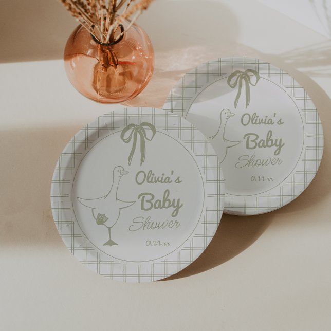 Hand Drawn Silly Goose Neutral Ribbon Baby Shower Paper Plate (Creator Uploaded)