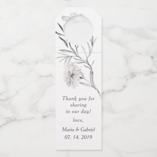 Hand-drawn silvered flower. Simple Modern Bottle Tag (Front)