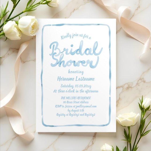 Hand Drawn Simple Blue Watercolor Bridal Shower Invitation (Creator Uploaded)