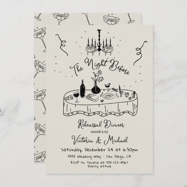 Hand Drawn Sketc The Night Before Rehearsal Dinner Invitation (Front/Back)