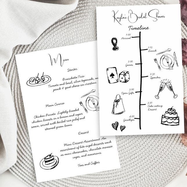 Hand drawn sketch bridal shower timeline menu (Hand drawn scribble sketch minimalist handwriting black and white bridal shower timeline menu card)