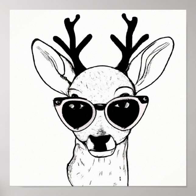 Hand drawn sketch of deer wearing glasses poster (Front)